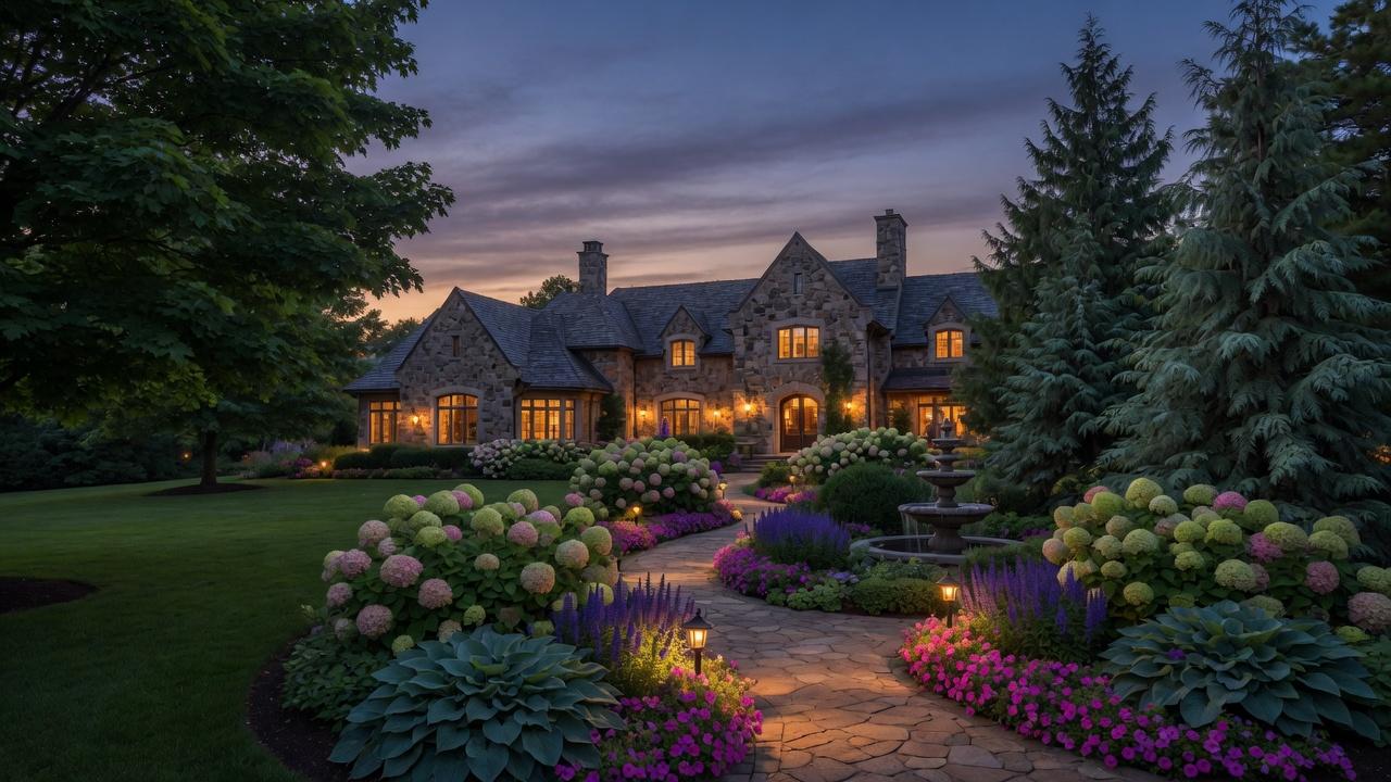 Stone estate at dusk with a lit paver walkway winding through hydrangeas, hostas, and a deep green lawn